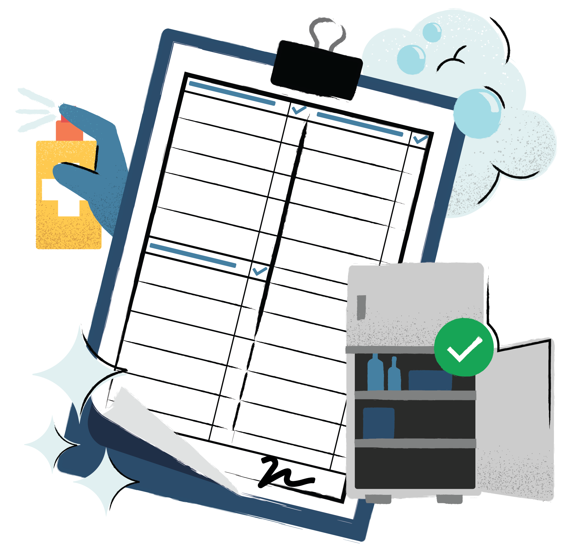 Restaurant Sanitation Checklist Illustration showing spray bottle, clipboard with checklist, and refrigerator