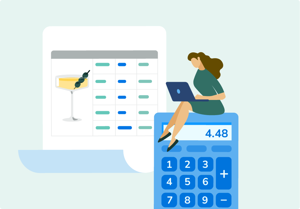 Graphic of a woman calculating the cost of a cocktail