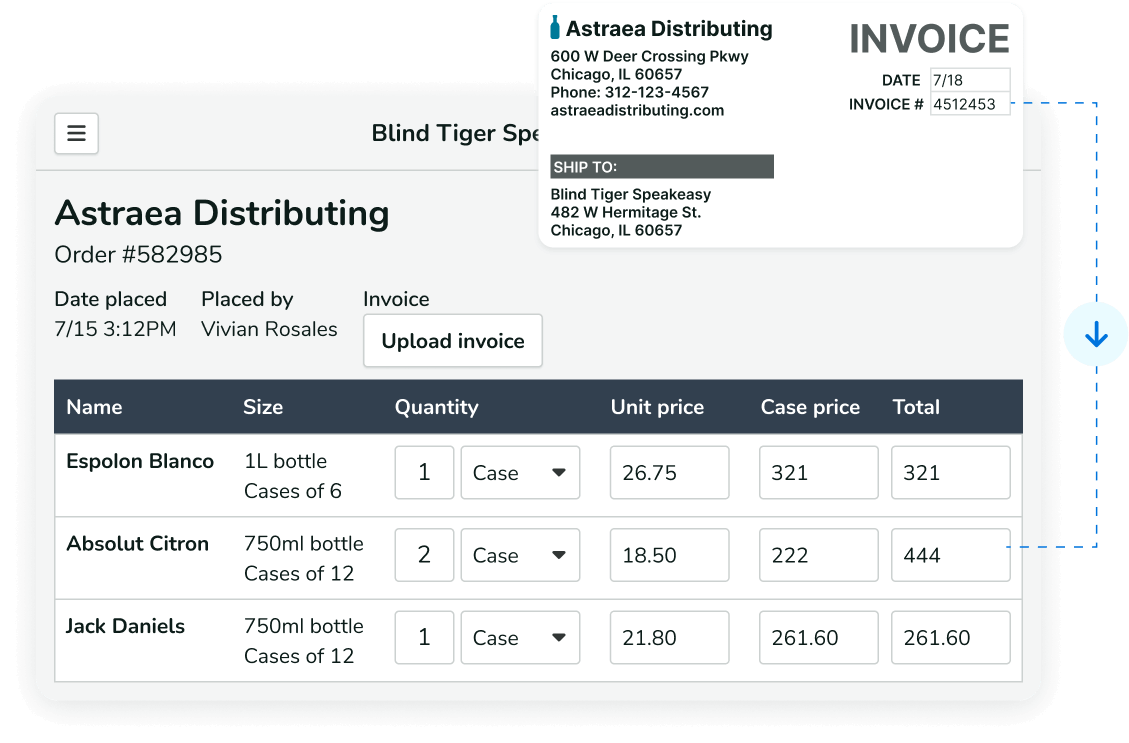 When you upload an invoice to Backbar, it extracts quantities and prices automatically.