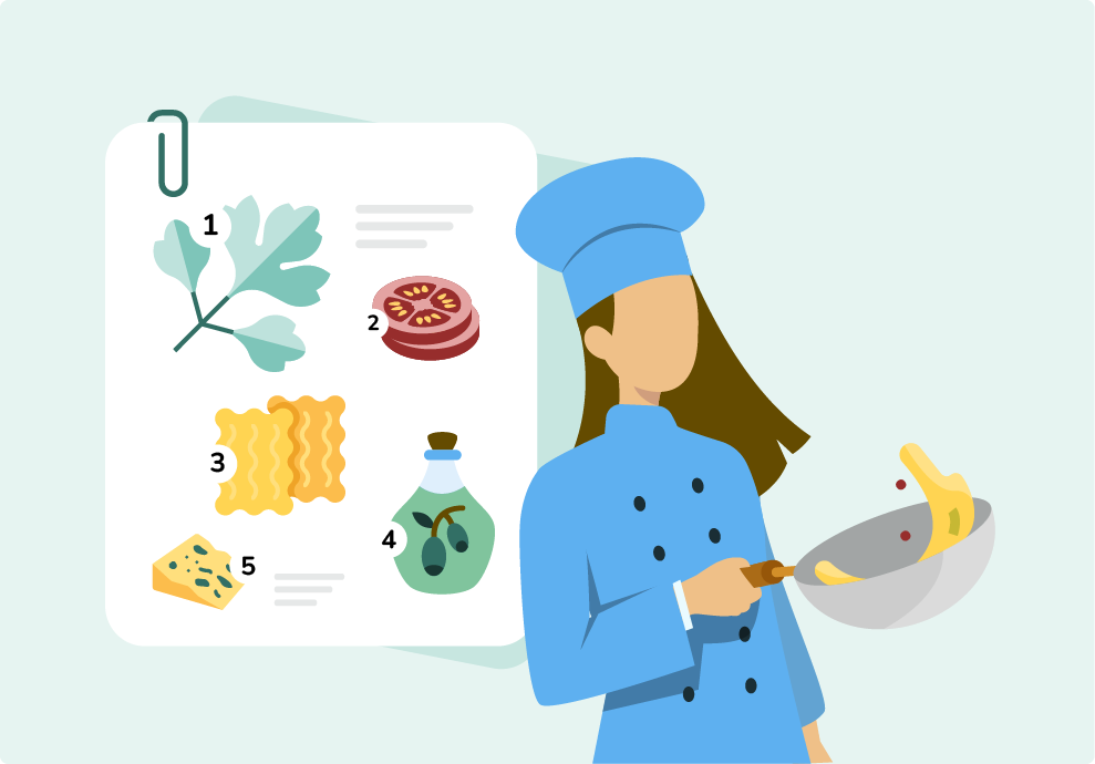 Illustration of a chef next to a graphic of a recipe card